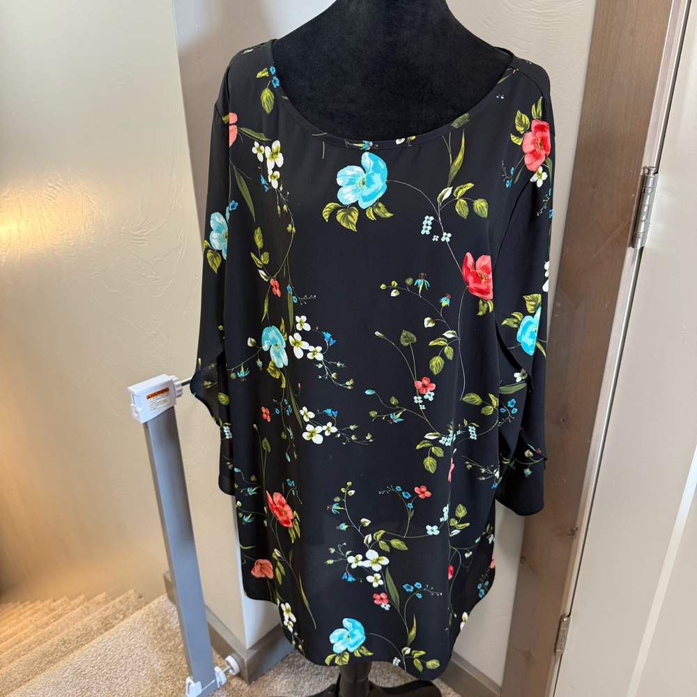 Worthington‎ Woman Black Poppy Floral Longline Tunic Blouse Flowy Half Sleeve 3X